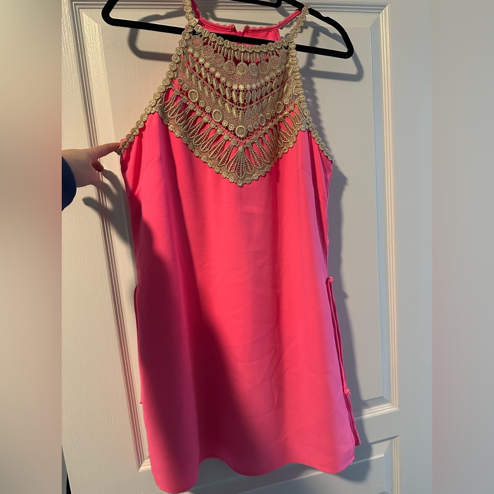 Lily Pulitzer romper dress bright pink with gold accent design size 12